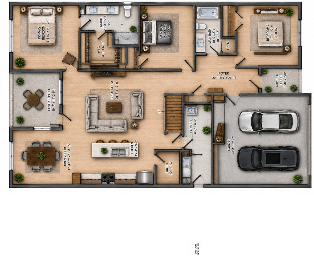 Lake View main floor 3D rendering with primary bedroom, great room and 2-car garage