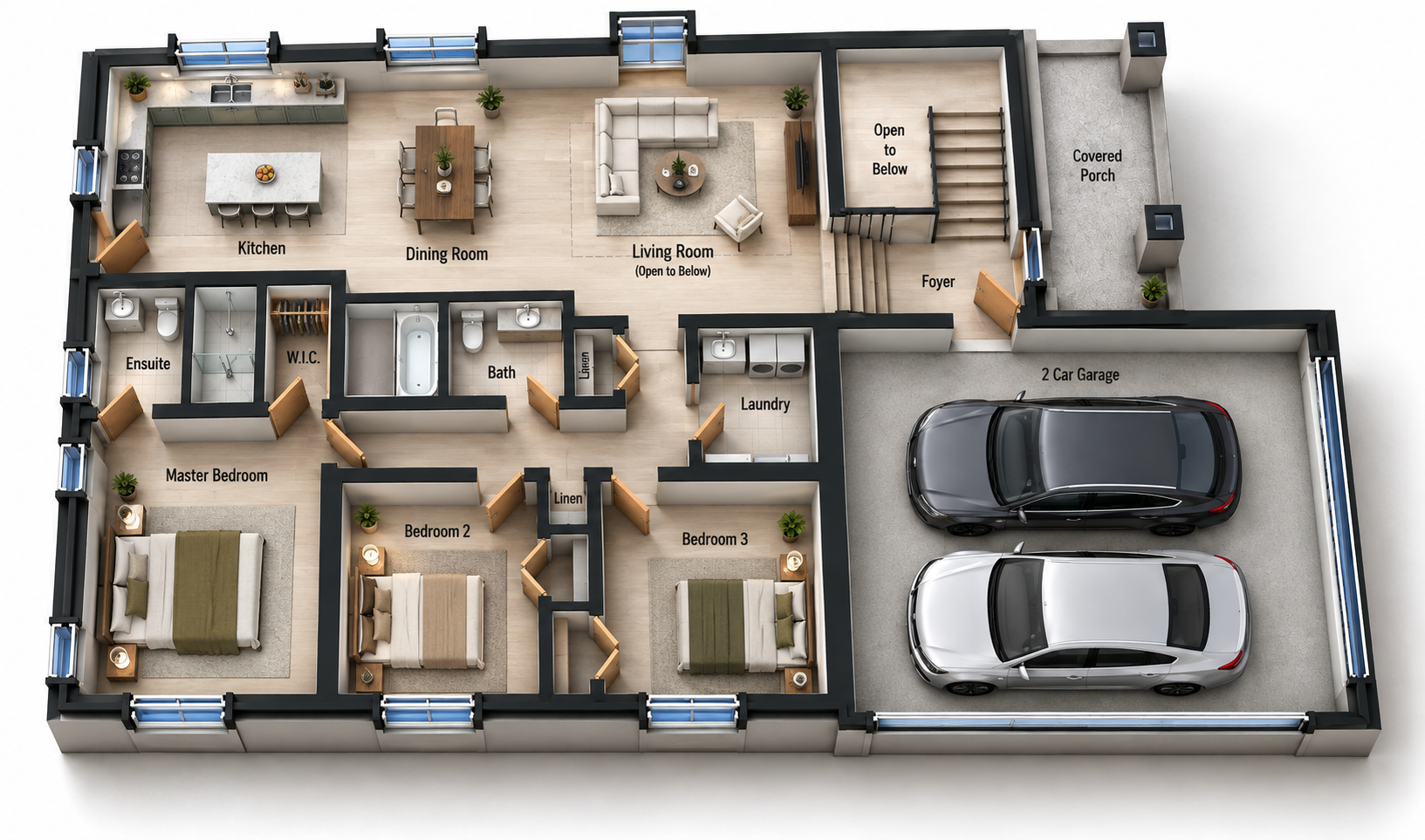 Oxford View main floor 3D rendering with kitchen, living room and 2-car garage