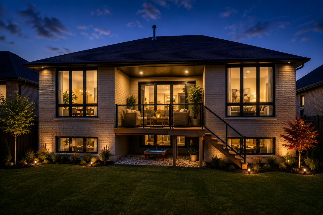 Lake View bungalow rear elevation at night with covered deck