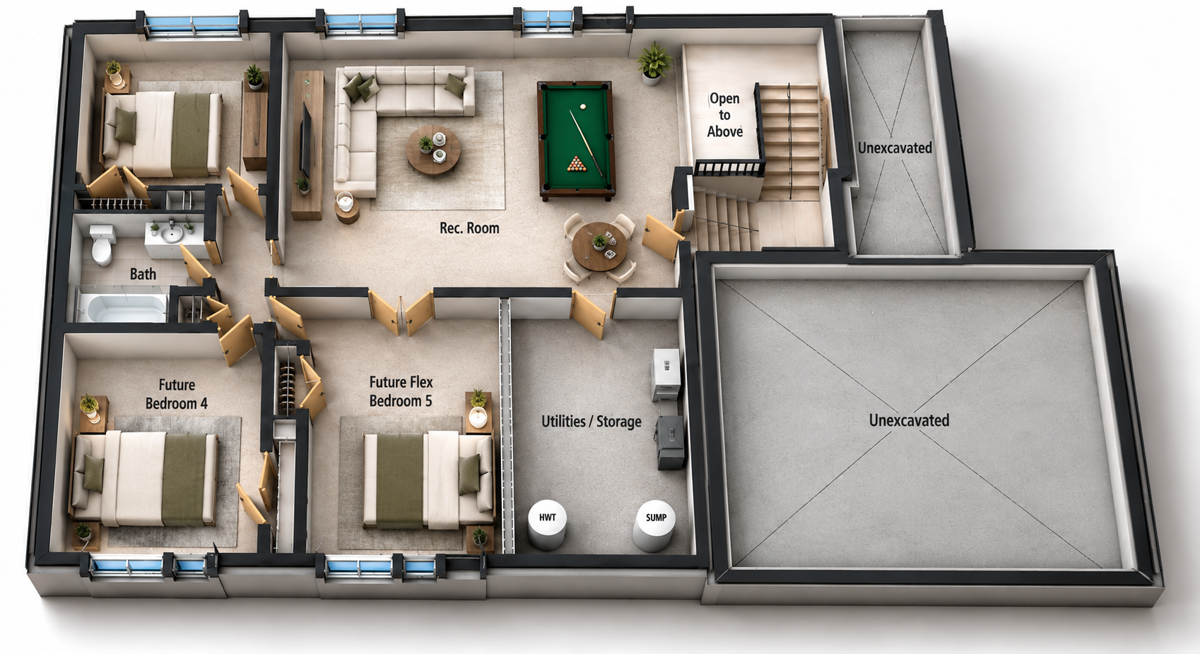 Oxford View lower level 3D rendering with rec room and future bedrooms