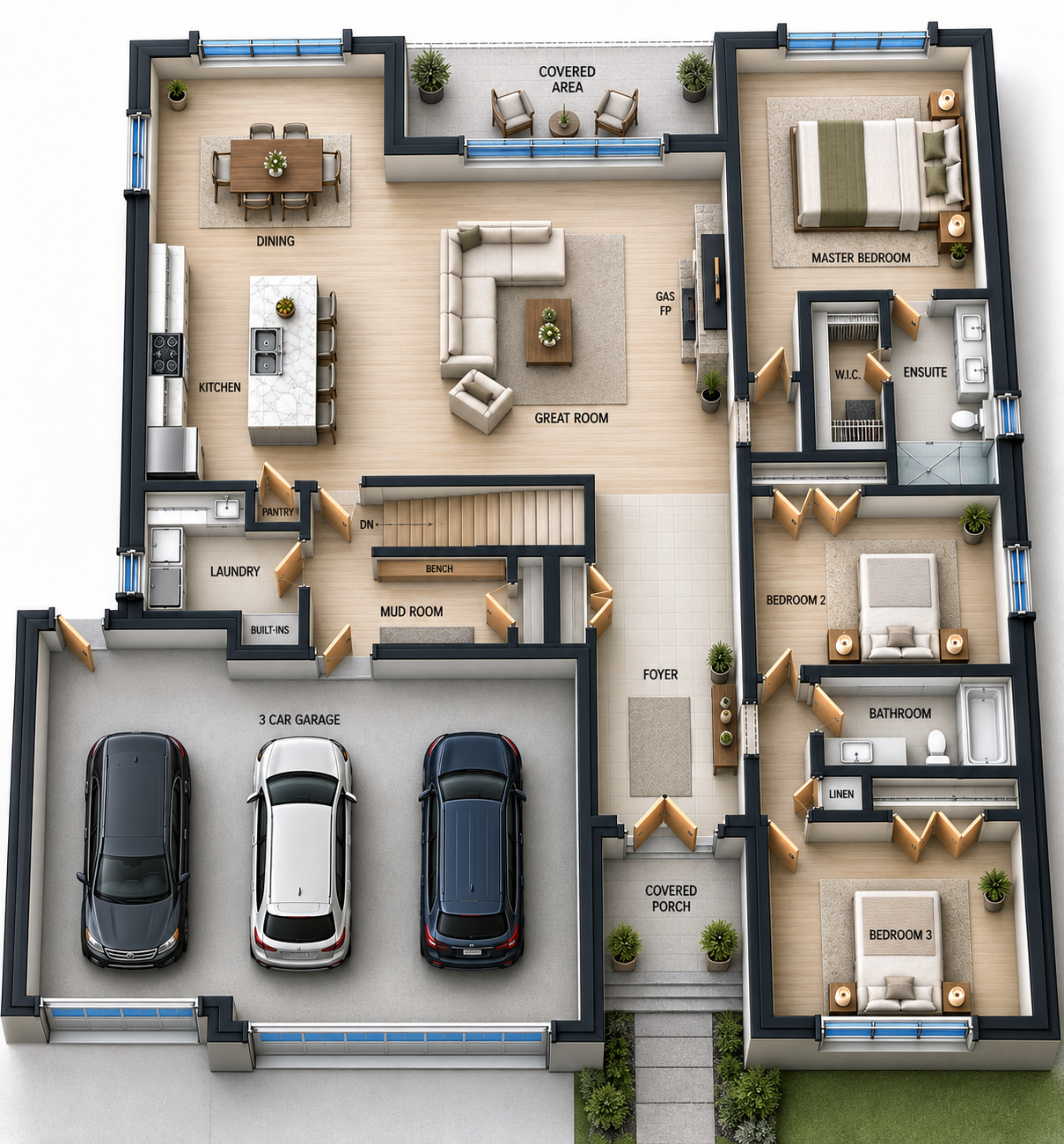 Sweet Water main floor 3D rendering with triple garage, great room and master suite
