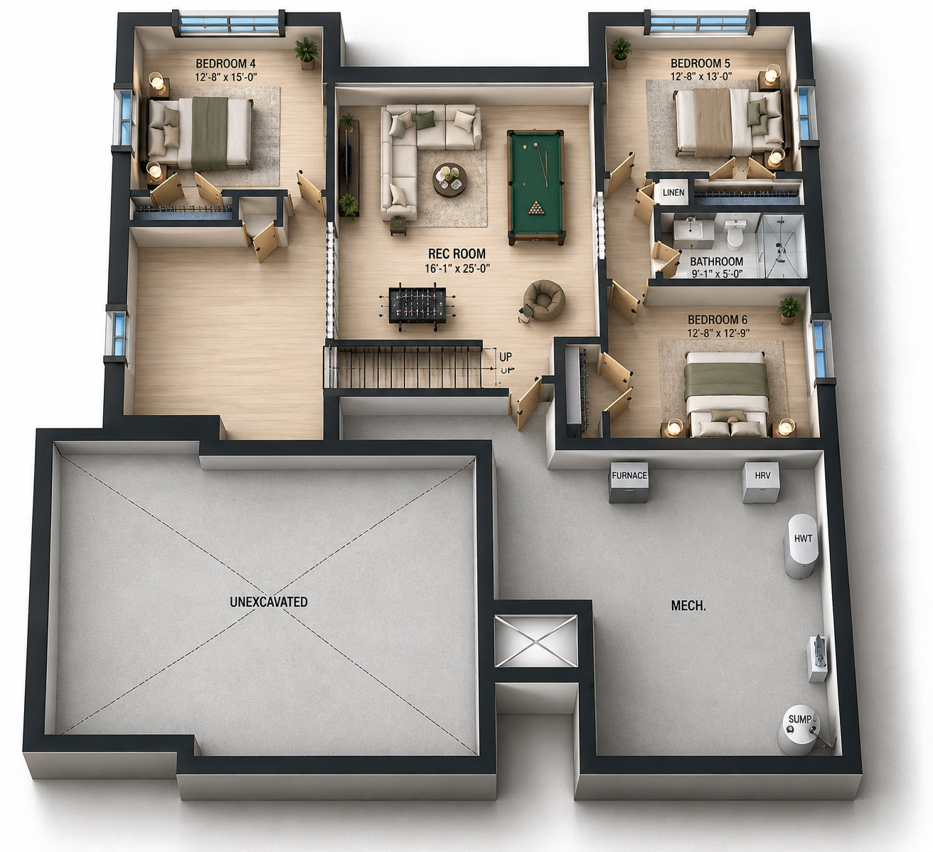 Sweet Water lower level 3D rendering with rec room, future bedrooms and utilities