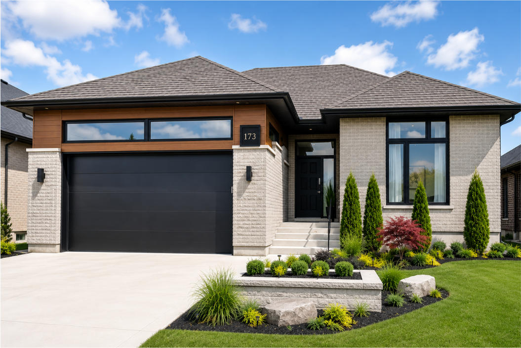 Lake View bungalow exterior with stone accents on a sunny day