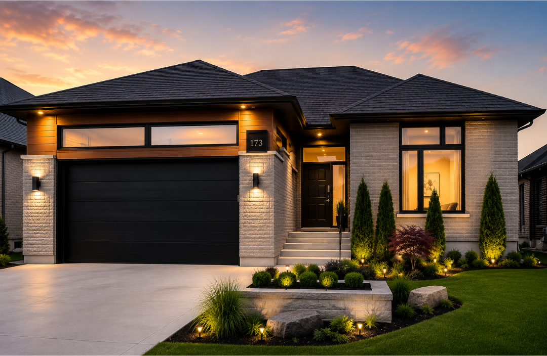 Lake View bungalow front elevation at dusk with landscape lighting