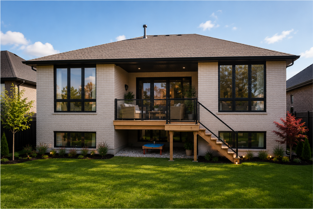 Lake View bungalow rear elevation with walkout deck and stairs
